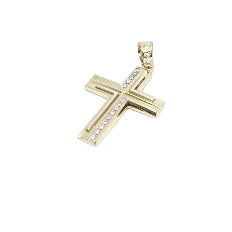 Golden cross k14 with zircon and white gold details (code H1911) 